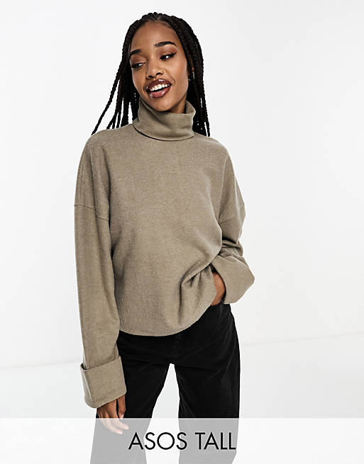 ASOS DESIGN Tall super soft roll neck with cuff detail In taupe