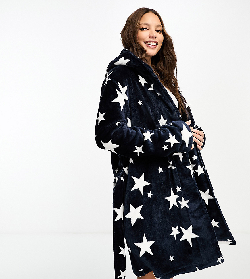 Asos Tall Asos Design Tall Super Soft Star Fleece Mini Robe In Dark Blue