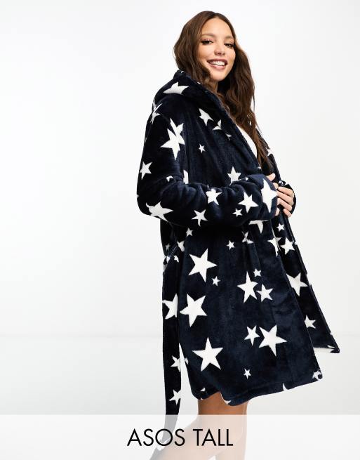 ASOS DESIGN Tall super soft star fleece mini robe in dark blue | ASOS