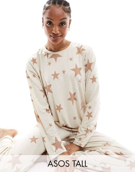 ASOS DESIGN Tall super soft star long sleeve top pants pajama set in cream ASOS