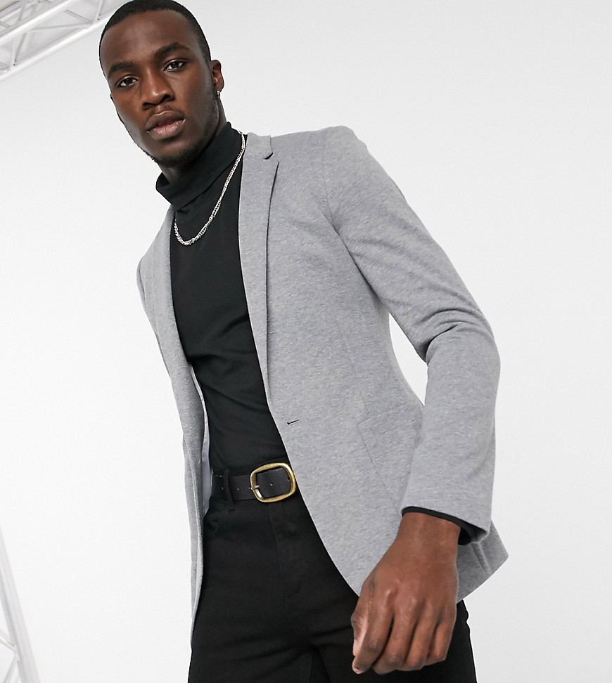 ASOS DESIGN Tall – Superenger Jersey-Blazer in Grau mit Gürtel