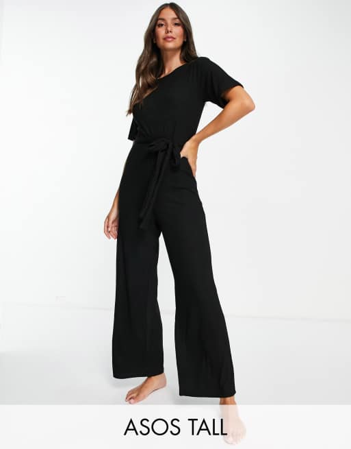 ASOS DESIGN Tall – Superweicher, gerippter Lounge-Jumpsuit in Schwarz