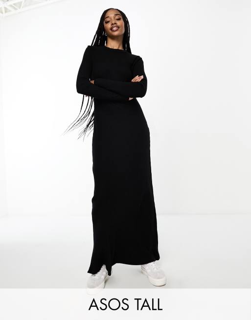 ASOS DESIGN Tall Superweiches geripptes langarmliges Midikleid in Schwarz mit Rippenmuster und Rundhalsausschnitt ASOS