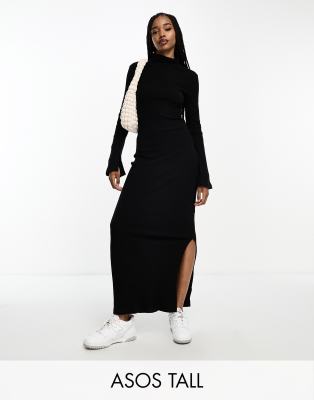 ASOS DESIGN Tall - Superweiches, langärmliges Midikleid in Schwarz mit Stehkragen