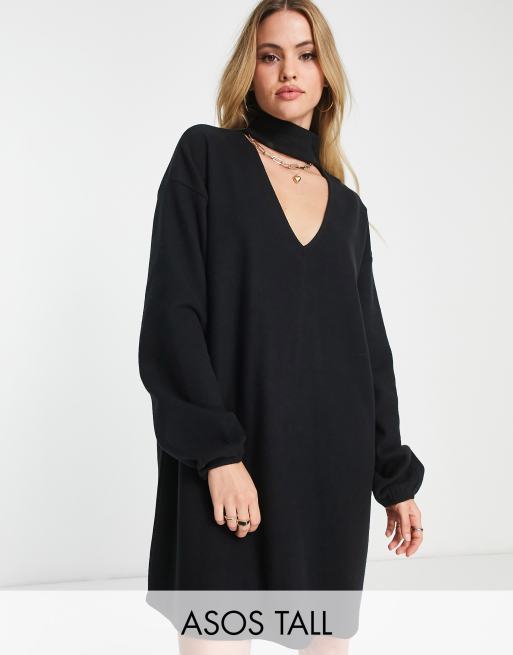 ASOS DESIGN Tall – Superweiches Mini-Pulloverkleid mit Kropfband und langen Ärmeln in Schwarz