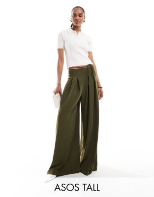 ASOS DESIGN Tall - Superweite, elegante Hose in Khaki mit Bindebund-Grün