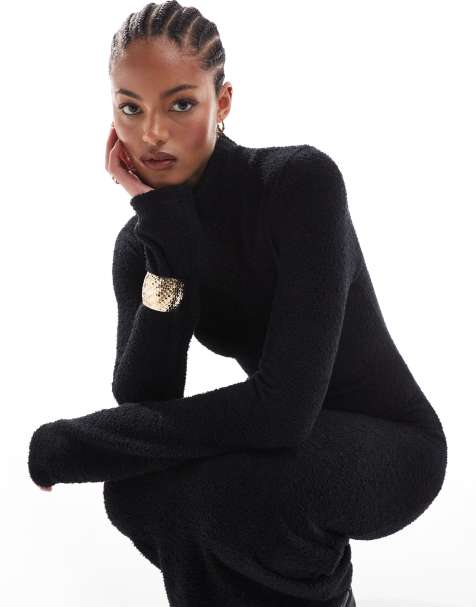 ASOS DESIGN Tall - Superzachte bouclé maxi jurk met col in zwart - view 1