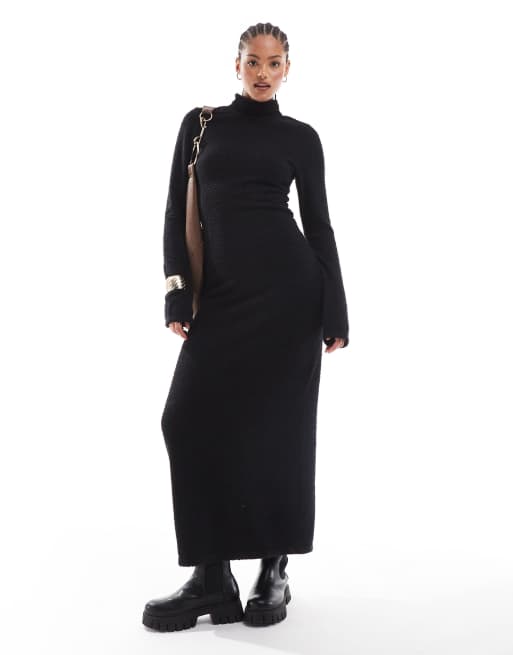 ASOS DESIGN Tall - Superzachte bouclé maxi jurk met col in zwart, 2 van 4