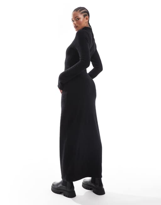 ASOS DESIGN Tall - Superzachte bouclé maxi jurk met col in zwart, 3 van 4