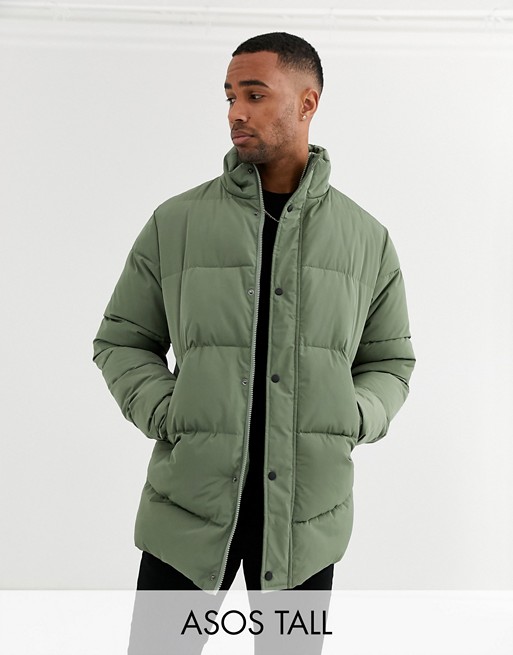 ASOS DESIGN Tall sustainable puffer jacket in khaki with funnel neck