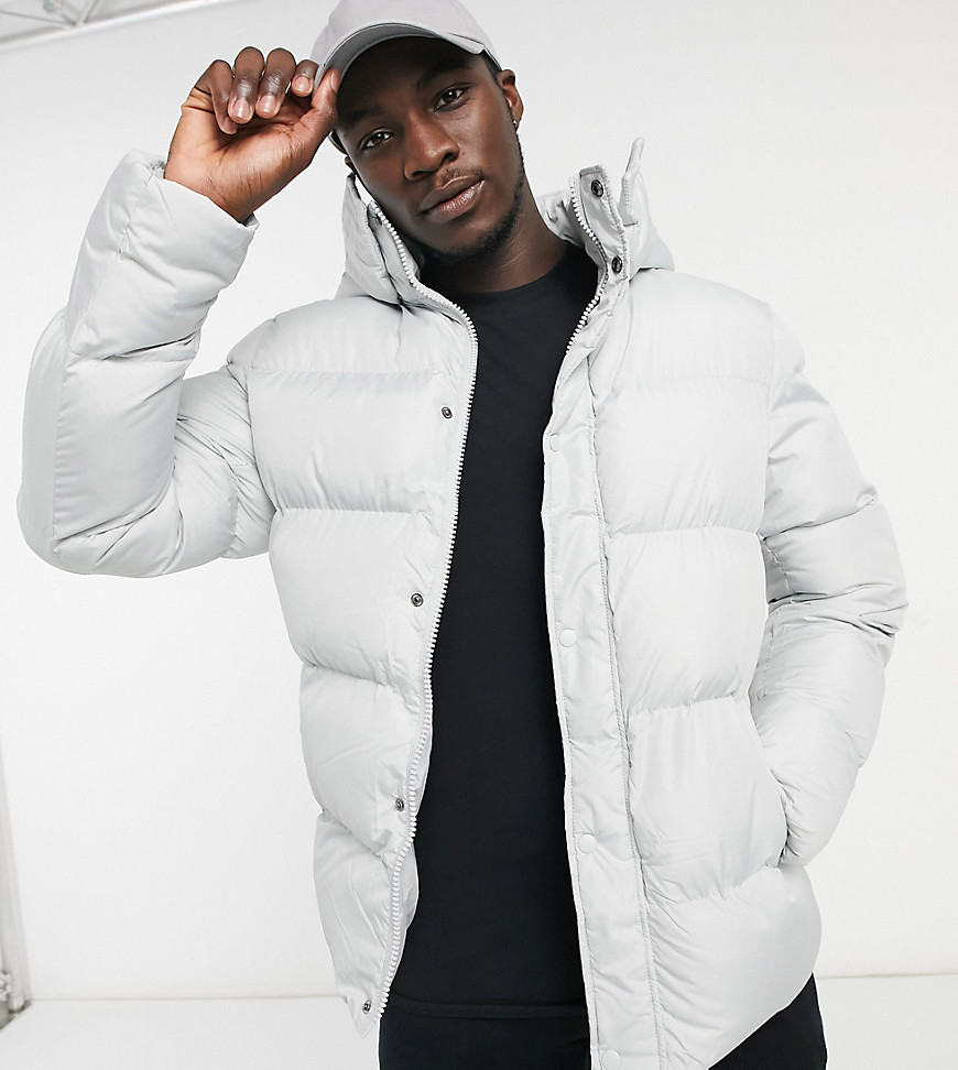 ASOS DESIGN Tall sustainable puffer jacket with detachable hood in gray-Grey