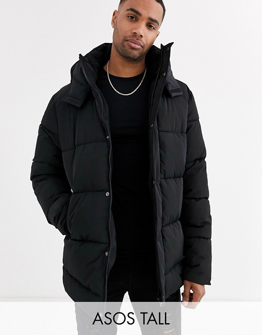 ASOS DESIGN Tall sustainable puffer jacket with hood in black