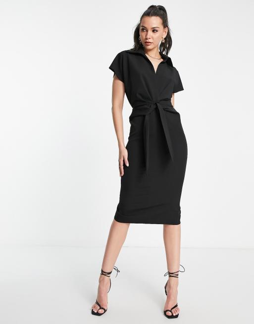 ASOS DESIGN Tall – Svart midiklänning med krage, omlottdesign och snurrad knut framtill , 4 av 4