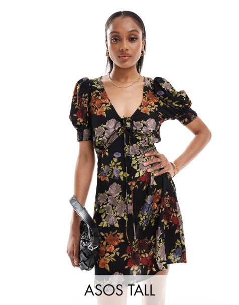 ASOS DESIGN Tall – Svart, mönstrad miniklänning i milkmaid-modell med knytning - view 1