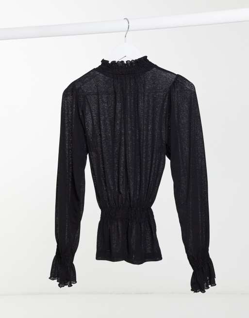 ASOS DESIGN Tall – Svart rynkad topp i mesh med lång ärm och hög halsringning, 2 av 4