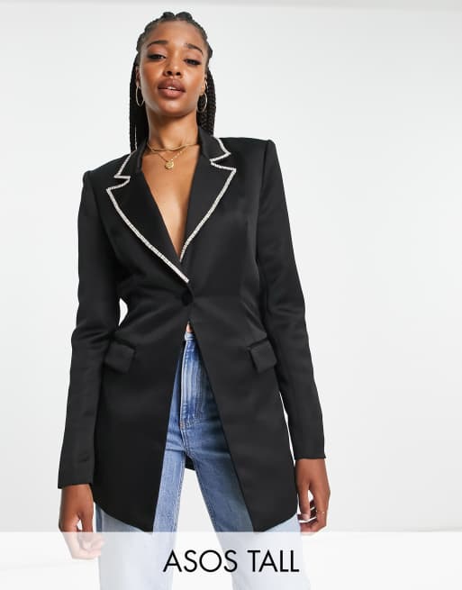 ASOS DESIGN Tall – Svart, strukturerad kavaj med strassprydda slag