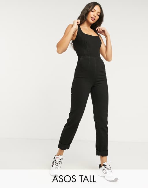 ASOS DESIGN Tall – Svart, tvättad figursydd jumpsuit i denim med fyrkantig halsringning
