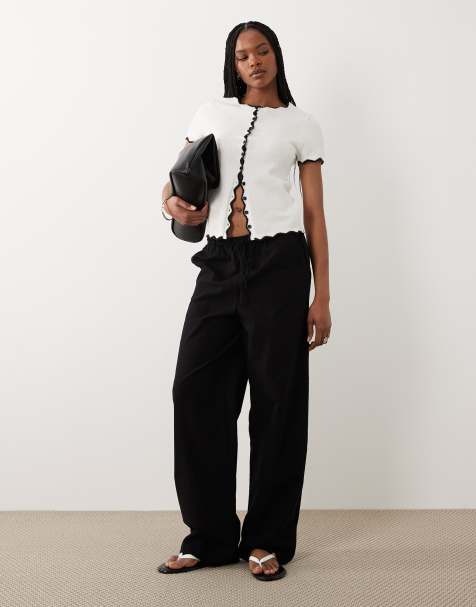 ASOS DESIGN Tall – Svarta byxor i linnestil och dra på-modell - view 1