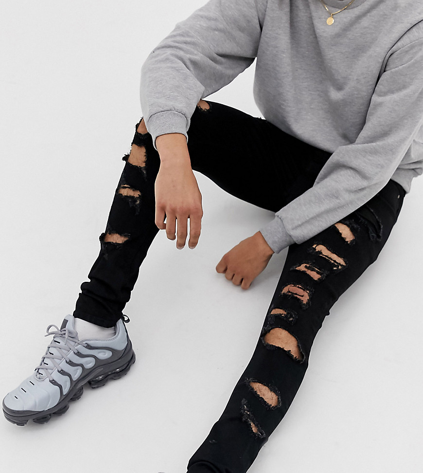 ASOS DESIGN Tall – Svarta jeans i spray on-passform med extra stretch och stora revor