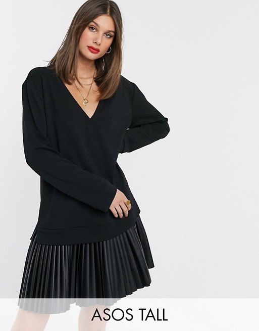 ASOS DESIGN Tall sweat dress with leather look pleated hem