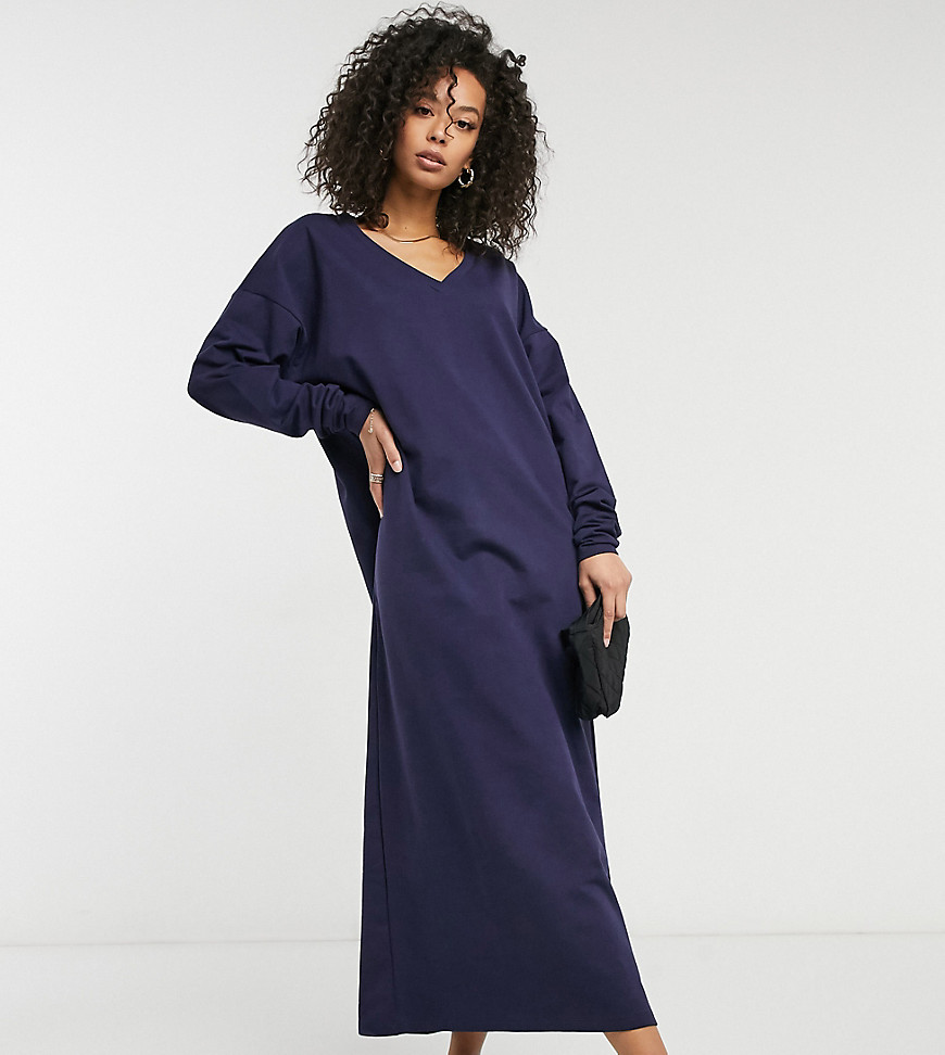 ASOS DESIGN Tall sweat midi dress with v neck in navy