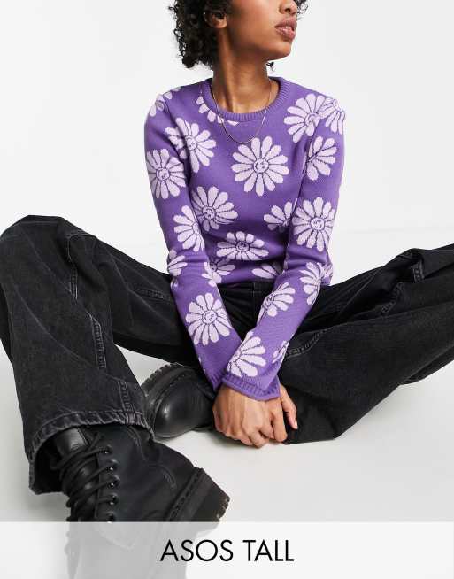 ASOS DESIGN Tall Sweater with flower and smile pattern in lilac