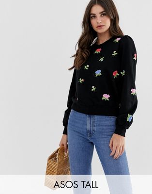ASOS DESIGN - Tall - Sweatshirt met geborduurde bloemen-Zwart