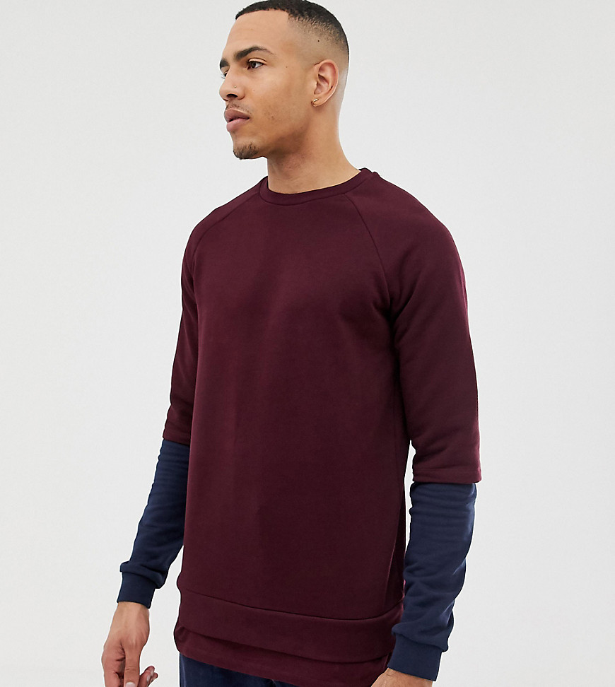 ASOS DESIGN Tall - Sweatshirt met verlengde zoom en contrasterende mouwen in bordeauxrood