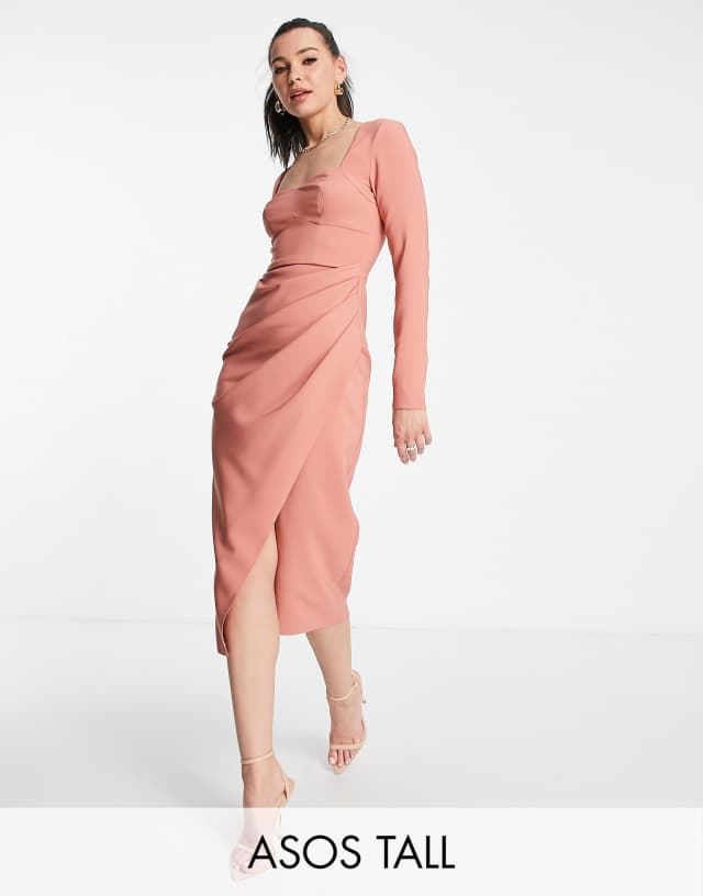 ASOS DESIGN Tall sweetheart neck midi dress with ruched wrap skirt in terracotta