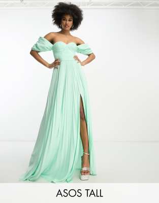 ASOS DESIGN Tall sweetheart neck off-shoulder pleated maxi dress in sage green-Multi