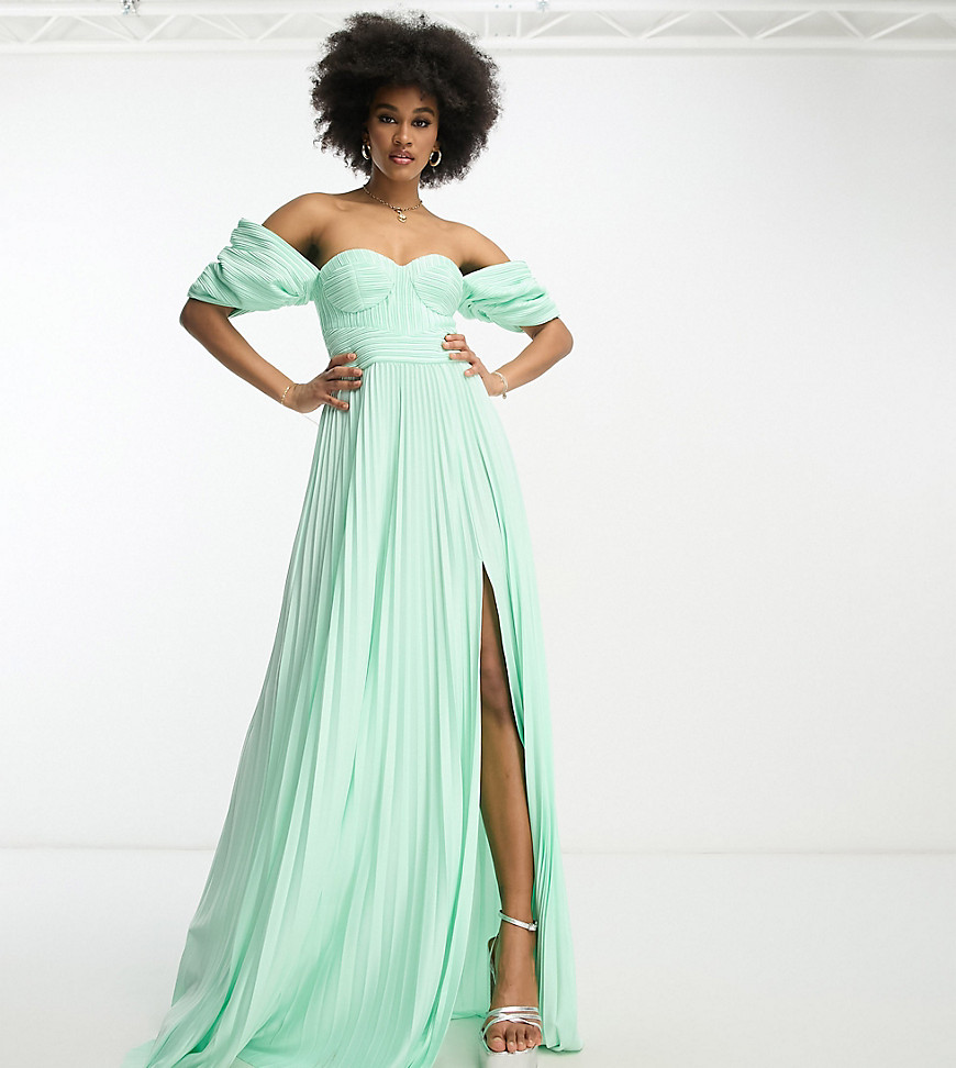 ASOS DESIGN Tall sweetheart neck off shoulder pleated maxi dress in sage green-Multi
