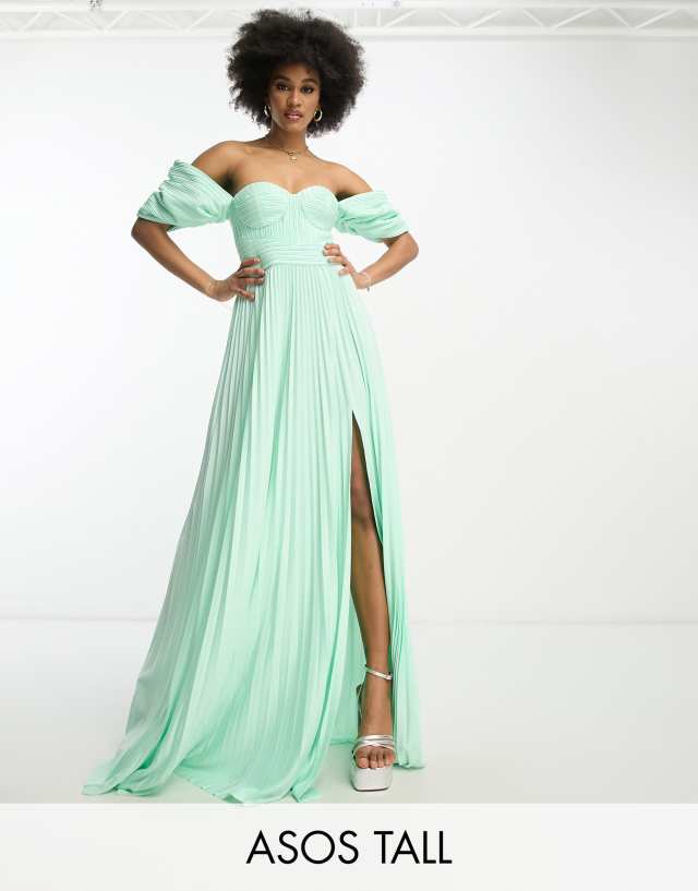 ASOS DESIGN Tall sweetheart neck off-shoulder pleated maxi dress in sage green