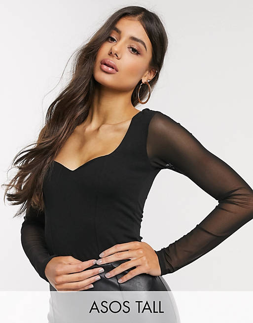 ASOS DESIGN Tall sweetheart neckline bodysuit with mesh sleeve in black