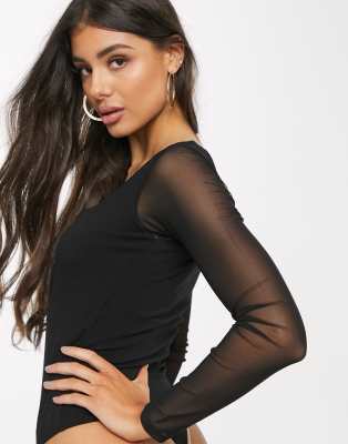 ASOS Sweetheart Neck Top With Mesh Sleeve in Black