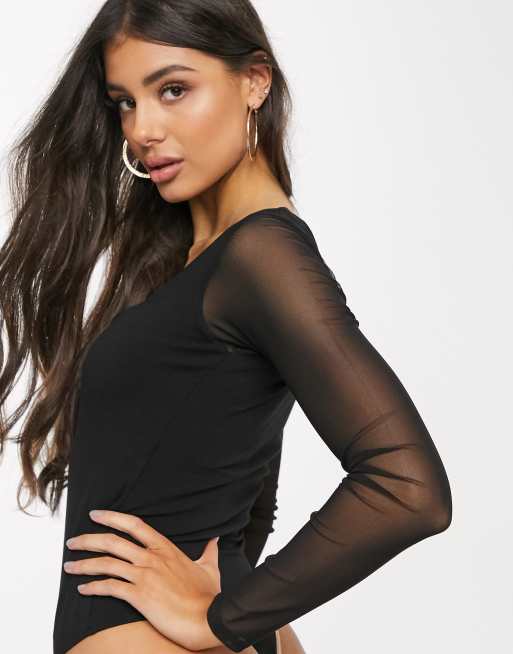 ASOS DESIGN Tall sweetheart neckline bodysuit with mesh sleeve in black