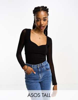 Asos Design Tall Sweetheart Neckline Bodysuit With Mesh Sleeve In Black