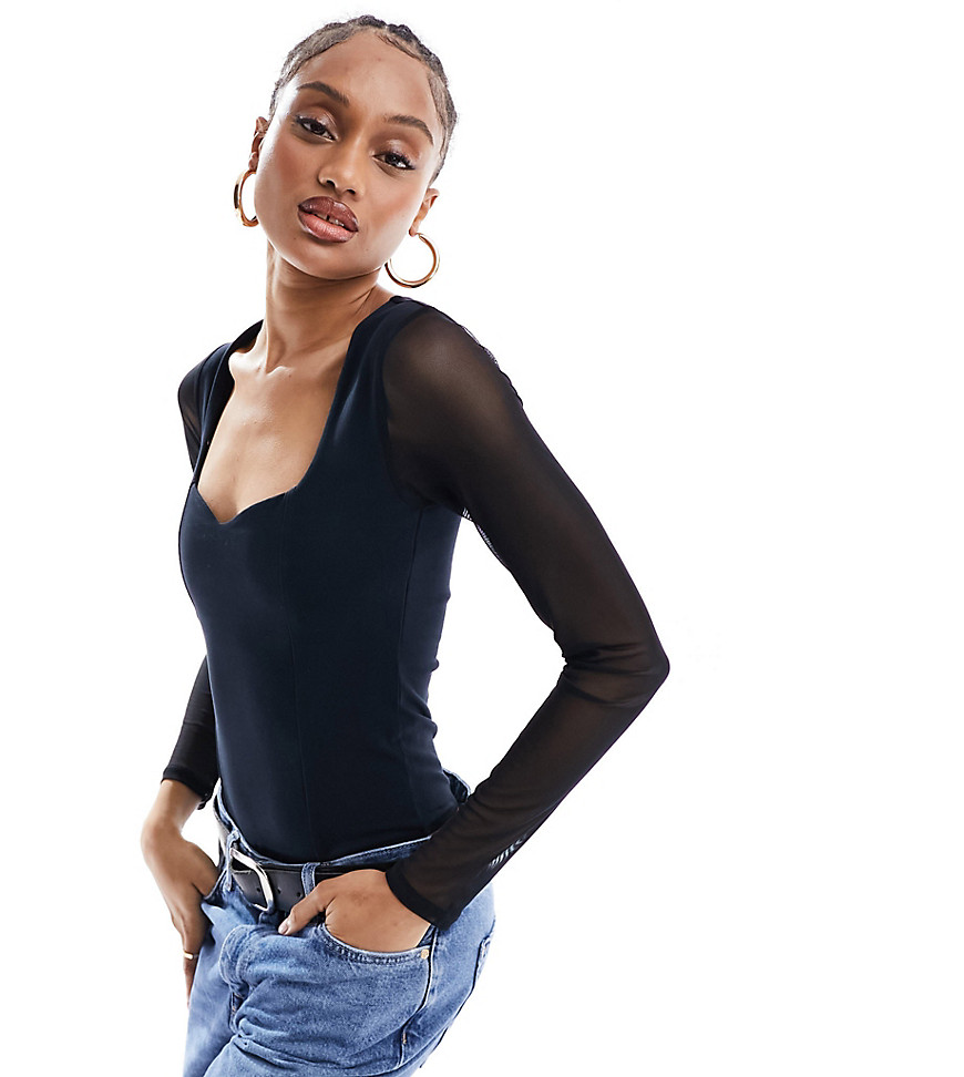 Asos Tall Asos Design Tall Sweetheart Neckline Bodysuit With Mesh Sleeve-black