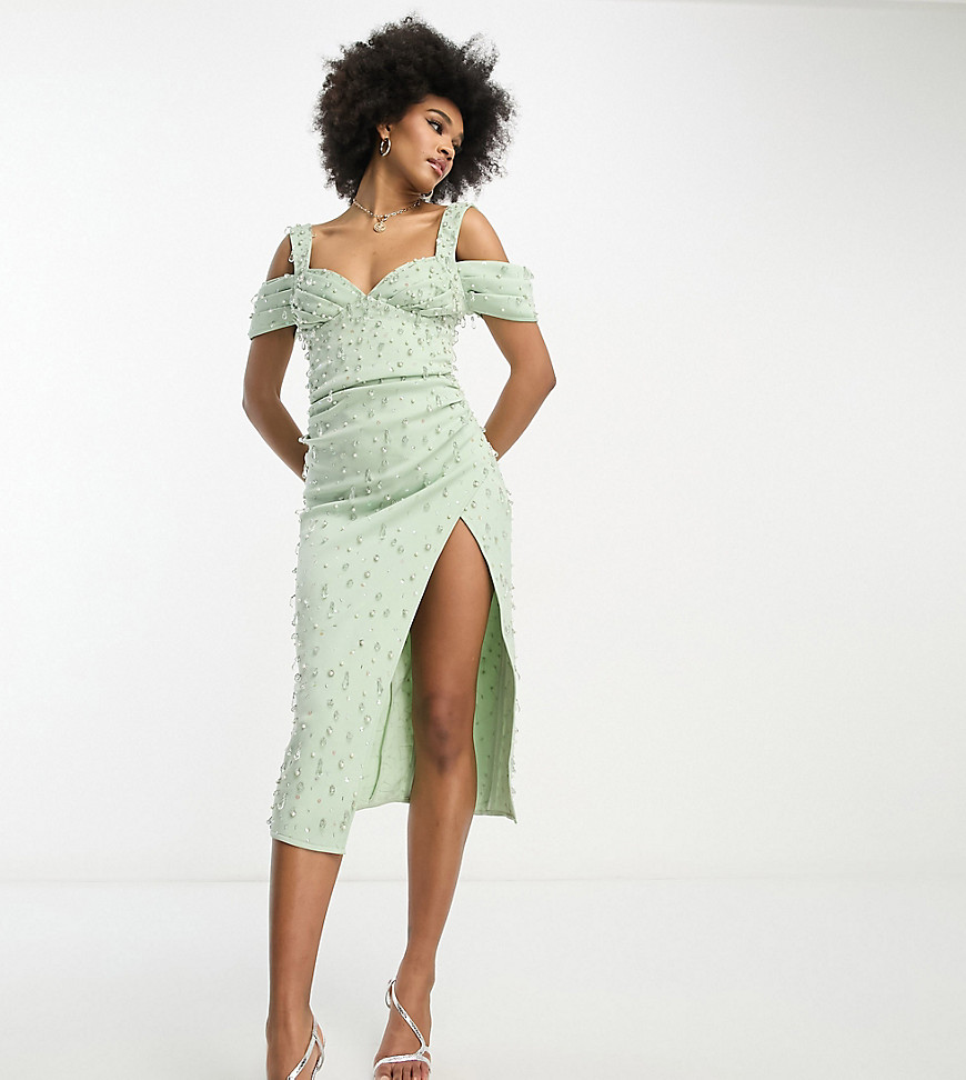Asos Tall Asos Design Tall Sweetheart Neckline Sequin Embellished Pencil Midi Dress In Sage-multi