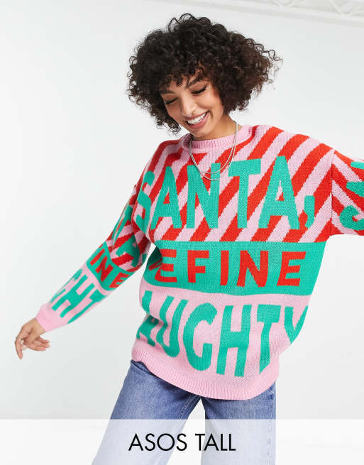 ASOS DESIGN Tall – Świąteczny wzorzysty sweter z napisami „Santa, define naughty”
