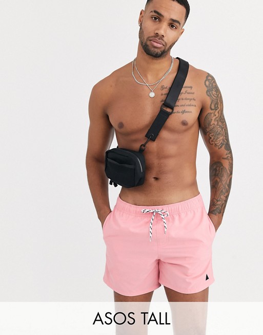ASOS DESIGN Tall swim short in pink with contrast drawcord short length