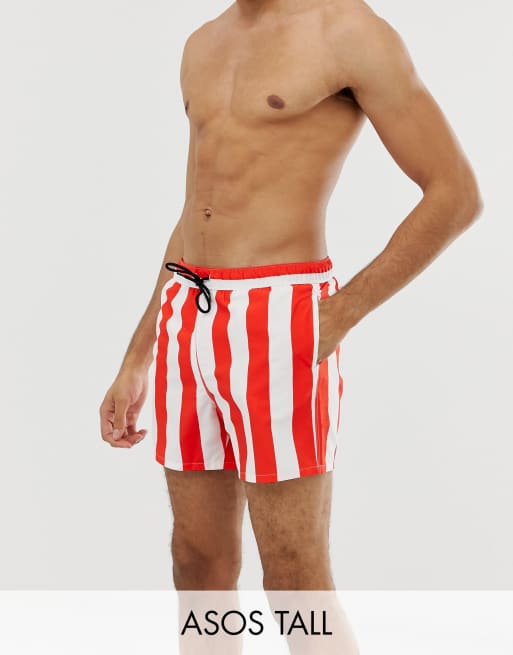 Red and white store striped swim trunks