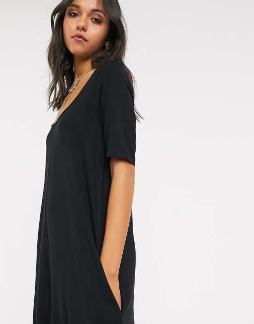 ASOS DESIGN Tall swing t-shirt dress with concealed pockets in black | ASOS