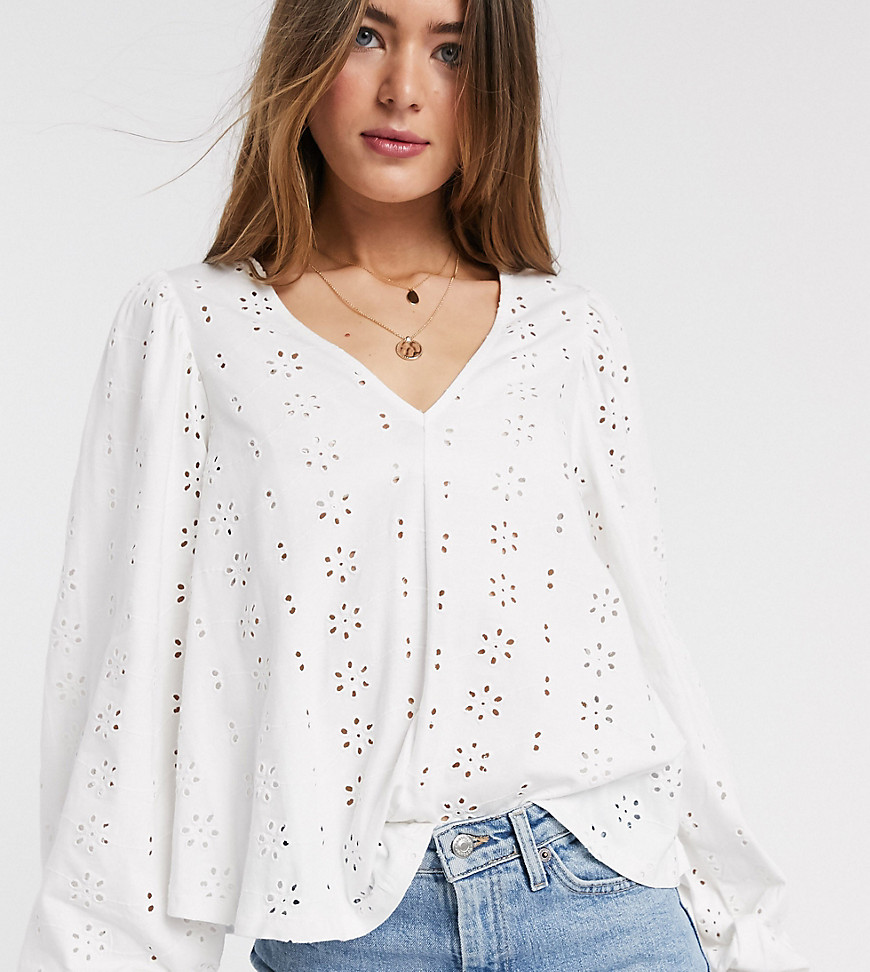 ASOS DESIGN Tall swing top with v neck in contrast broidery with puff sleeve-White