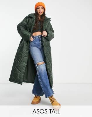 ASOS DESIGN Tall swirl maxi puffer jacket in khaki-Green