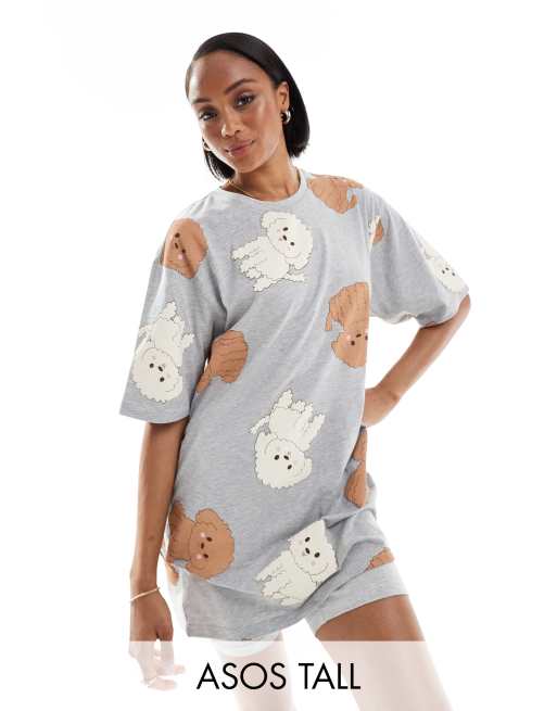 ASOS DESIGN Tall – Szara melanżowa piżama we wzór w psy: krótkie legginsy i T-shirt