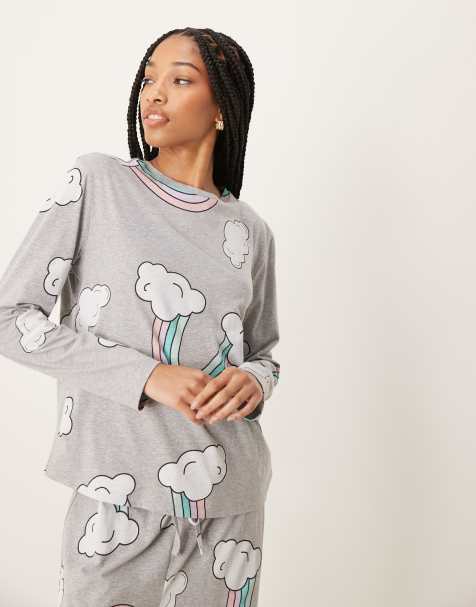 ASOS DESIGN Tall – Szara melanżowa piżama we wzór z motywem tęczy: top z długimi rękawami i spodnie - view 1