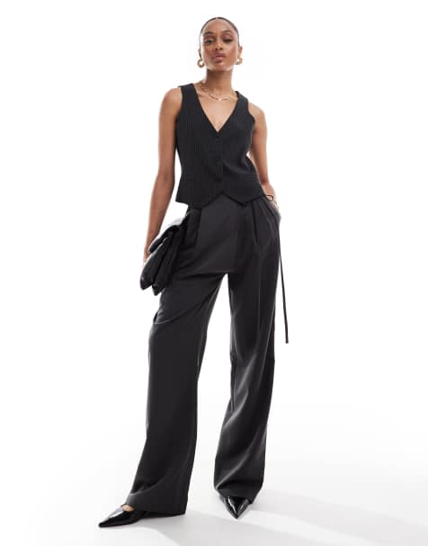 ASOS DESIGN Tall tailored wide leg trousers with wrap tie detail in grey