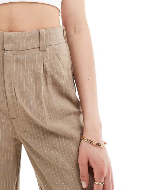 ASOS DESIGN Tall – Szarobeżowe spodnie dad z szerokimi nogawkami w prążki , 3 z 5