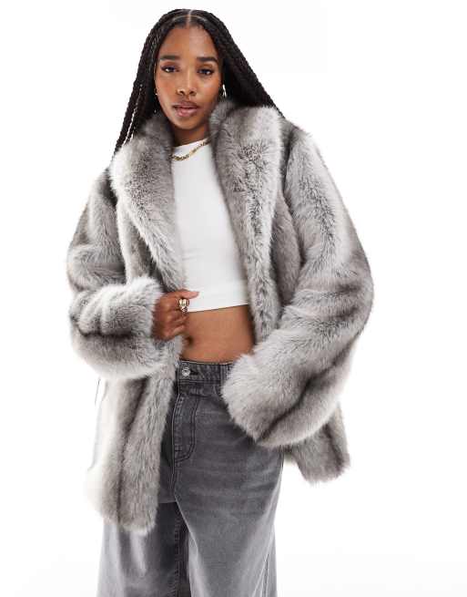 ASOS DESIGN Tall – Szary płaszcz ze sztucznego futra w stylu vintage w paski