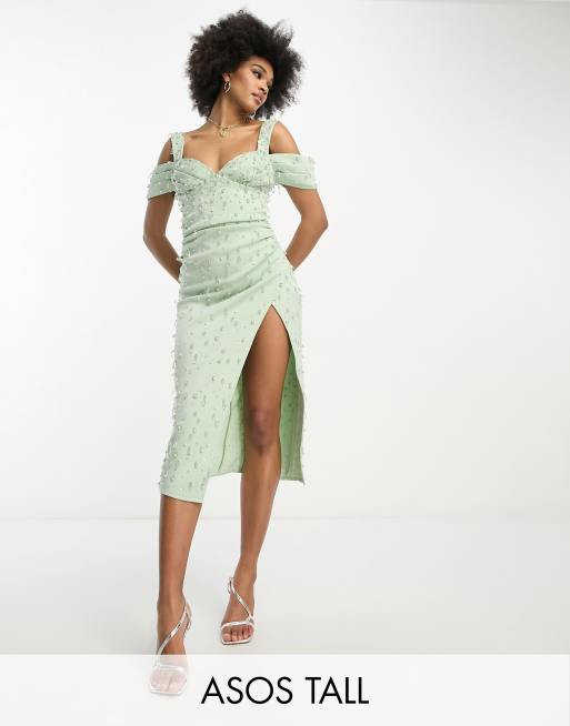ASOS DESIGN Tall – Szałwiowa zdobiona cekinami sukienka ołówkowa midi z dekoltem w kształcie serca